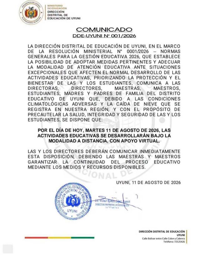 Clases virtuales en Uyuni por nevadas y lluvias