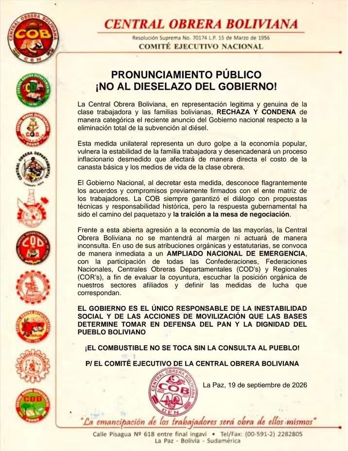 Sectores sociales de Bolivia se oponen al nuevo precio del diésel