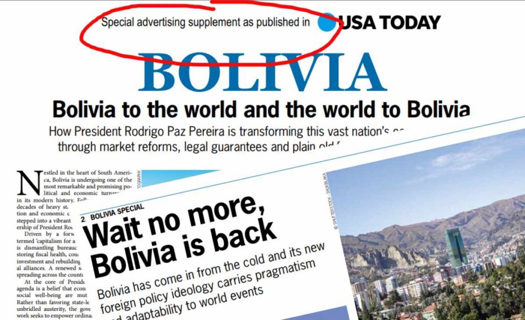 La separata de Rodrigo Paz se publica también en formato físico en USA Today
