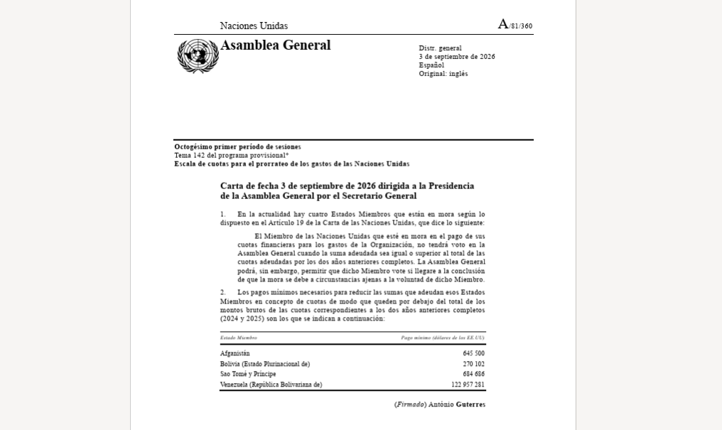 Bolivia pierde derecho al voto en la ONU por deudas