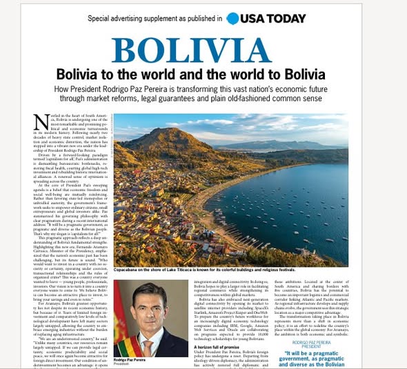 Gobierno de Rodrigo Paz invirtió $us 3 millones en una publicación en USA Today