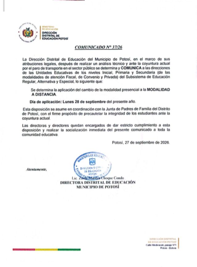 Clases a distancia en Potosí por paro de transporte