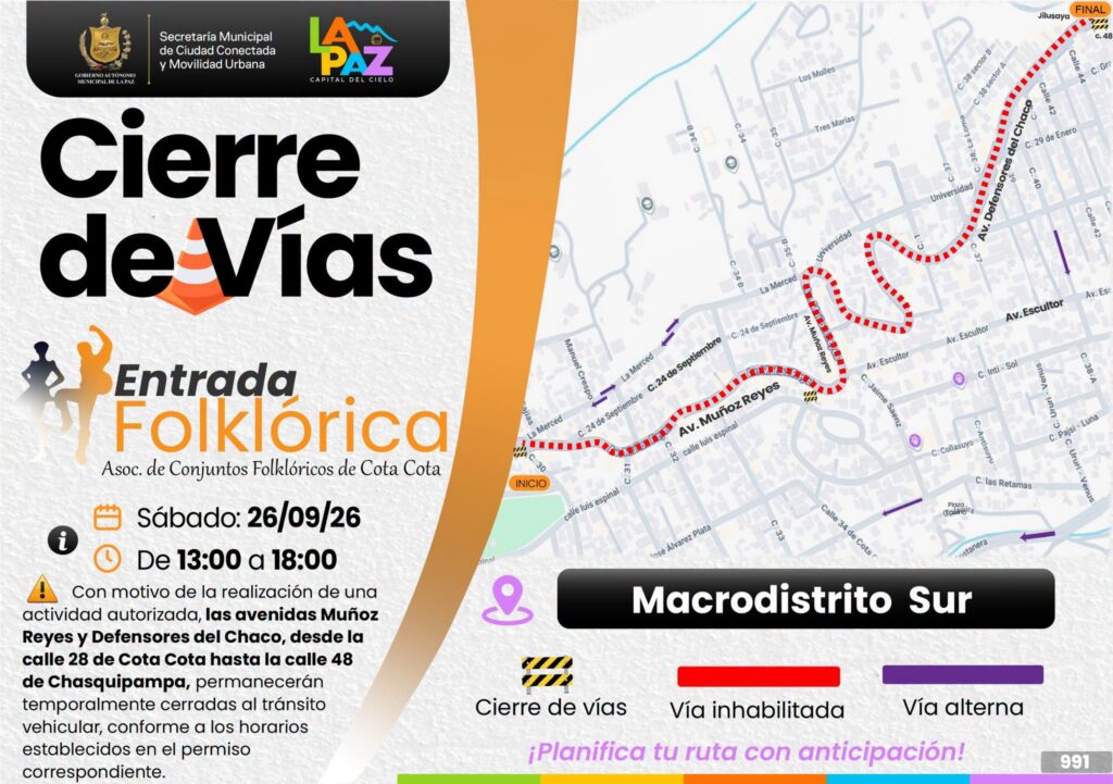 Corte de vías en la ruta Cota Cota–Chasquipampa este sábado
