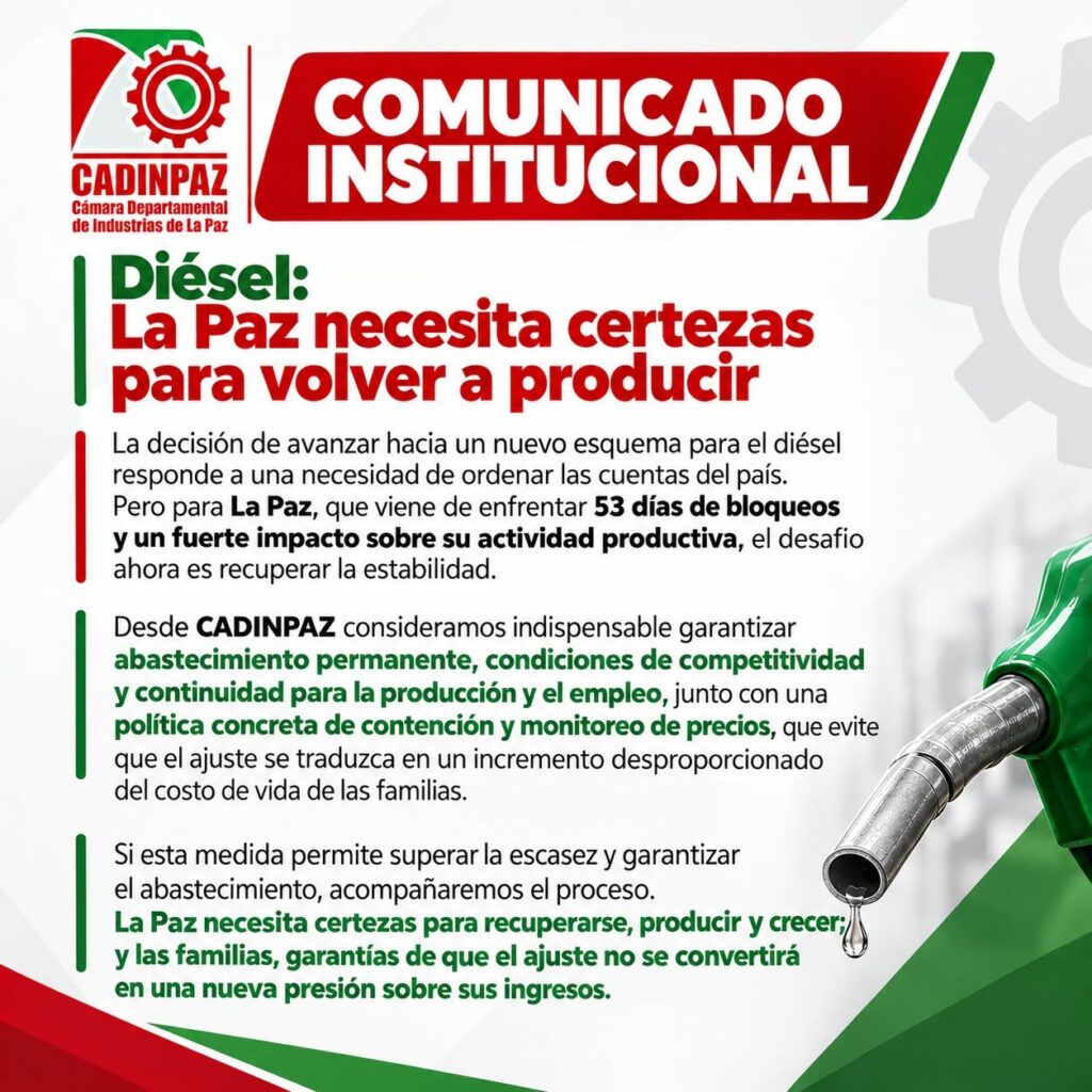 Industriales paceños apoyan la eliminación de la subvención al diésel
