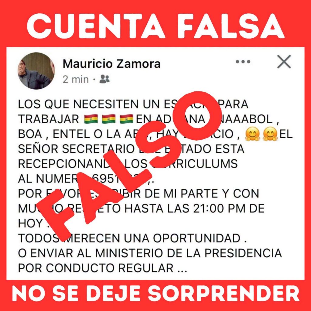 Ministro Zamora advierte sobre perfil falso en Facebook que ofrece empleo estatal
