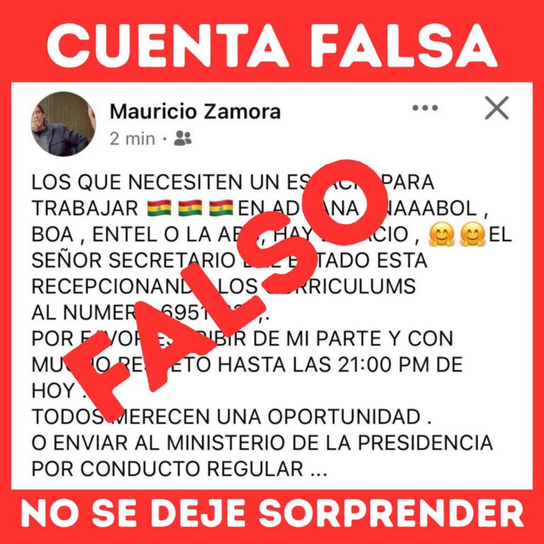 Ministro Zamora advierte sobre perfil falso en Facebook que ofrece empleo estatal